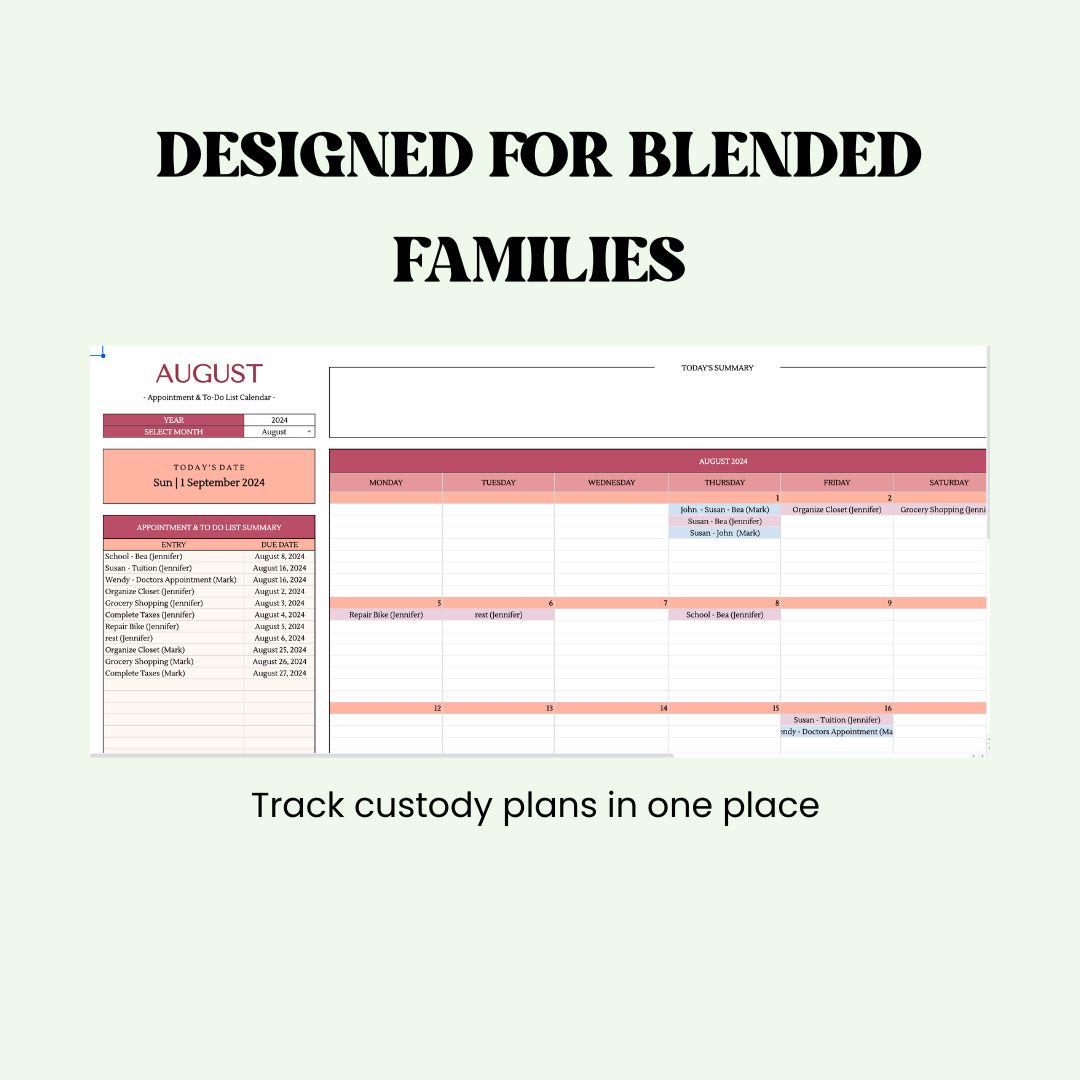 Co-Parenting Custody Calendar Shared Template Spreadsheet Organiser Expense Tracker for Divorced Parents Coparenting counselling Appointment