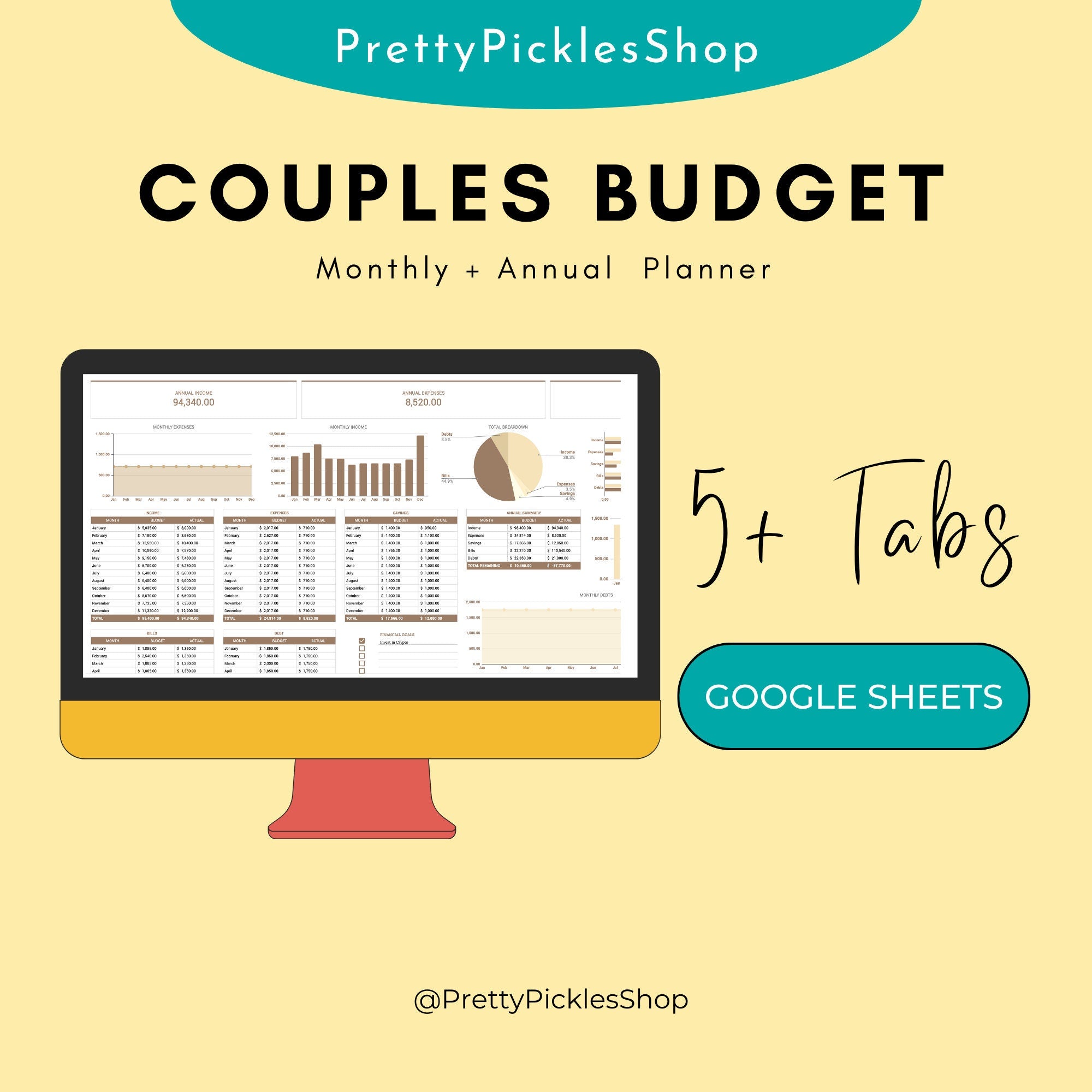 Couples Budget Planner, Monthly & Annual Spreadsheet (Digital Download)