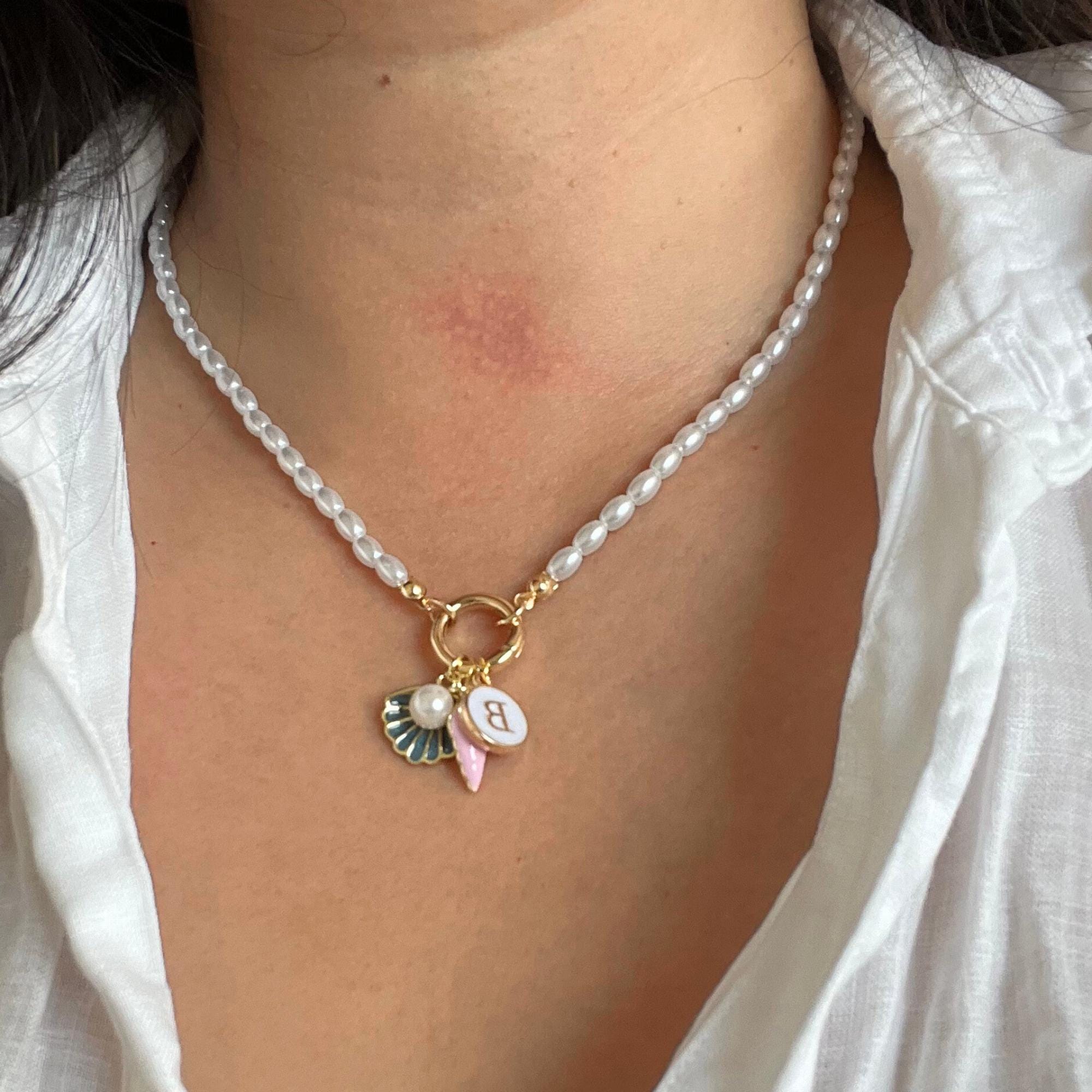 Custom Beach Themed Charm Necklace Seashell with Peal Necklace Personalized Charms for Tweens Pearl Charm Necklace for Teen Girl Gift
