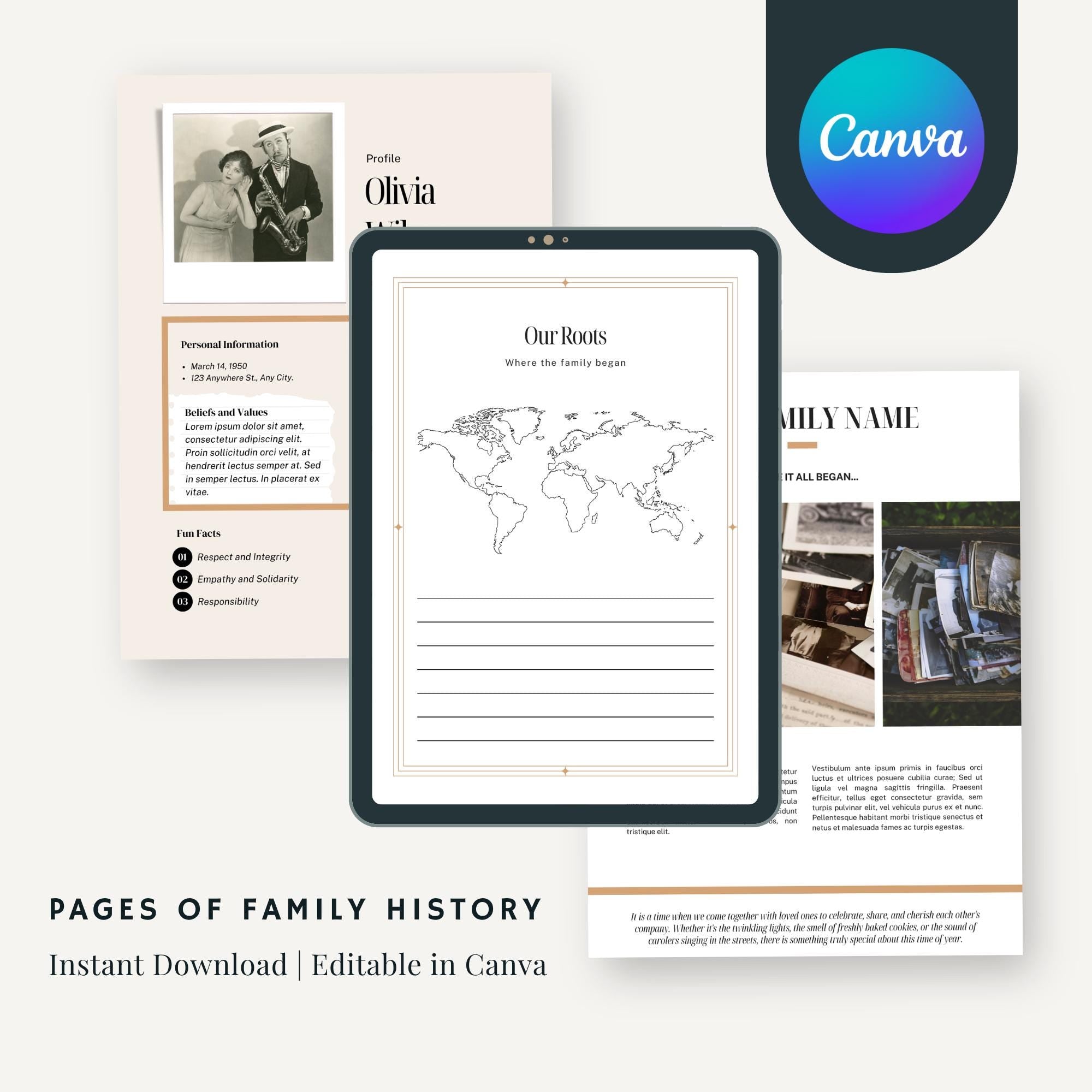 Family Tree Book Template: Genealogy Chart, A4 Editable (Digital Download)