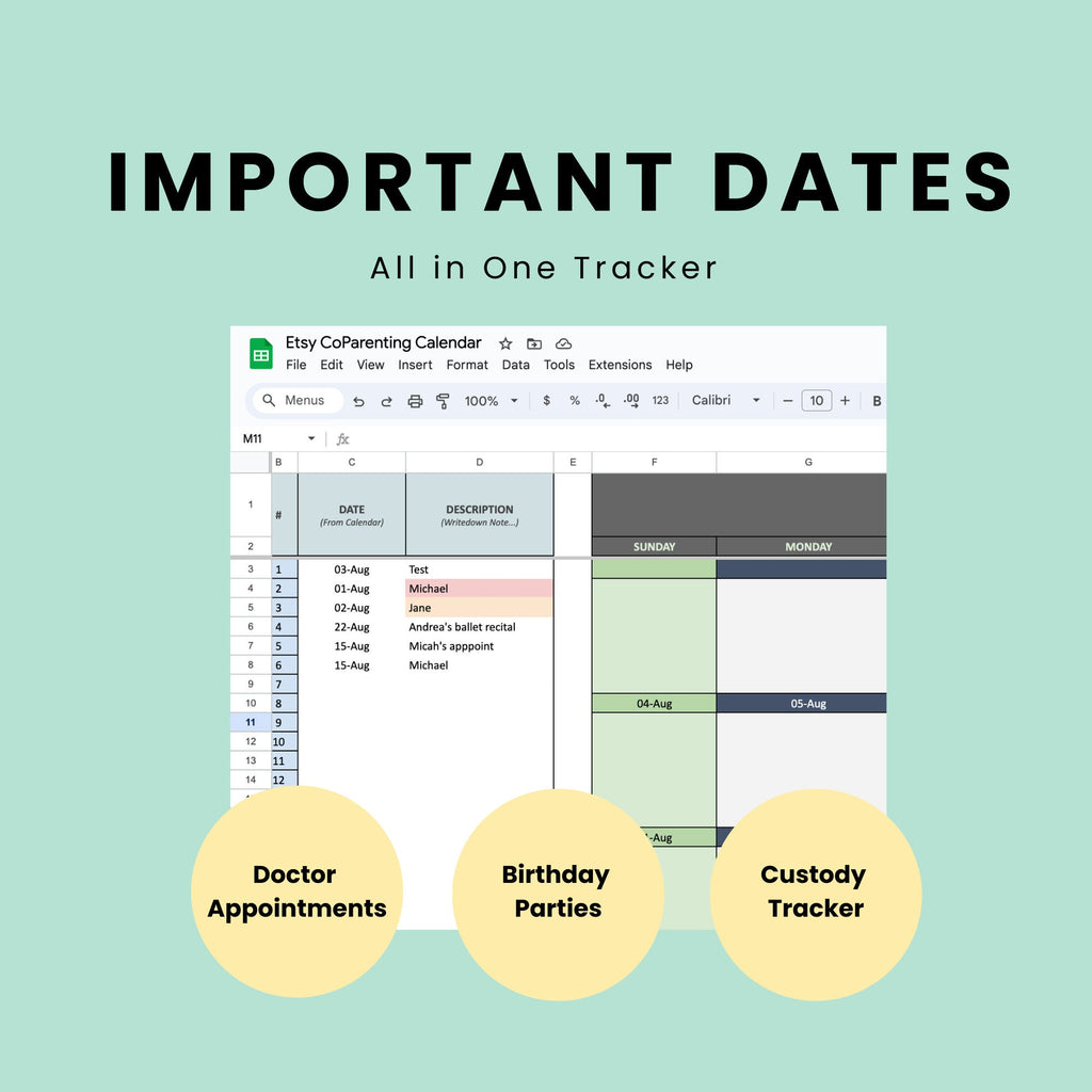 Co Parenting Calendar Organiser Divorce Custody Planner Editable Google Sheets Co-Parenting Routine Visitation Schedules Child Appointment