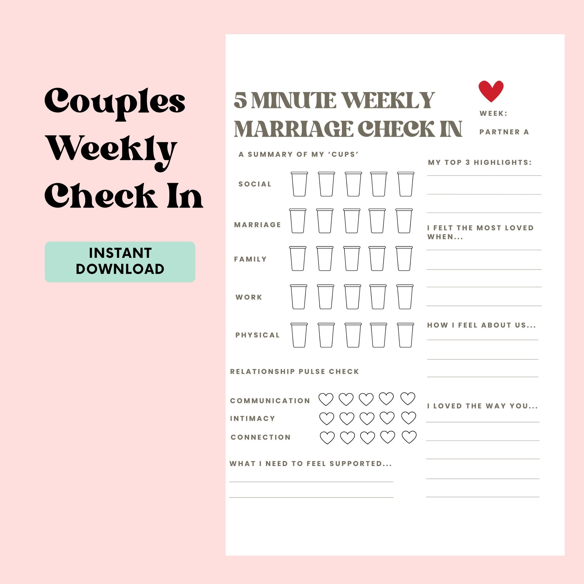 Couples Weekly Check-In Worksheet Marriage Health Check Questions Couples Counselling Tools 5 Min Marriage Counselling Tool Marriage Prompts