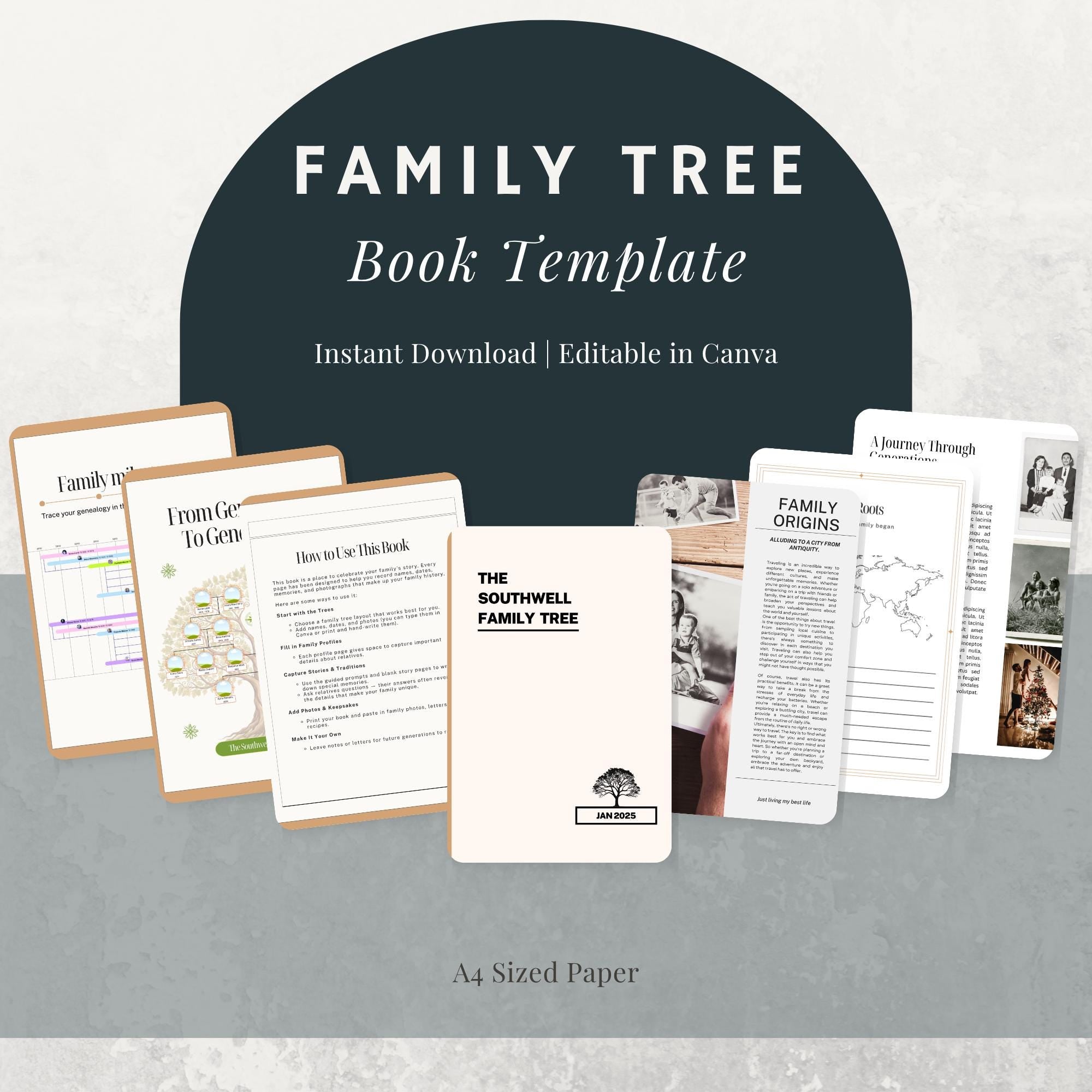 Family Tree Book Template: Genealogy Chart, A4 Editable (Digital Download)
