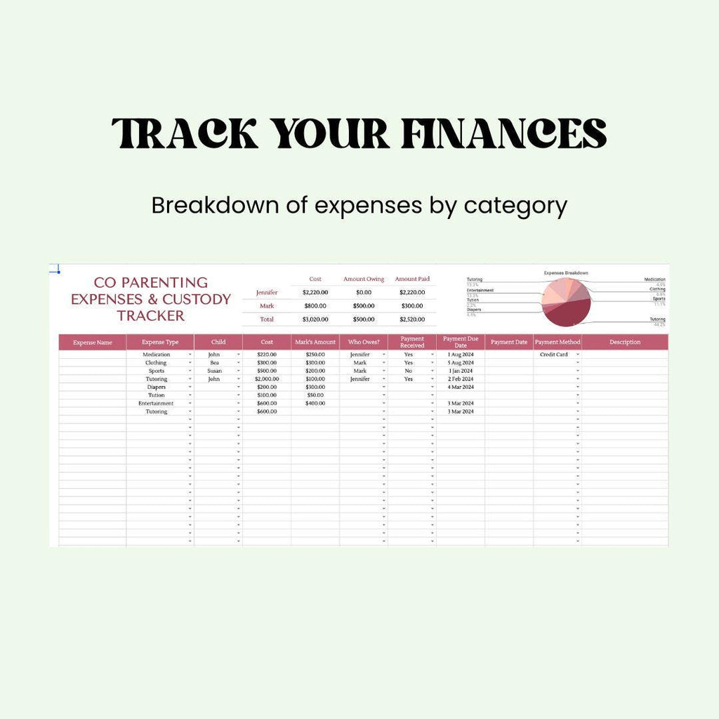 Co-Parenting Custody Calendar Shared Template Spreadsheet Organiser Expense Tracker for Divorced Parents Coparenting counselling Appointment