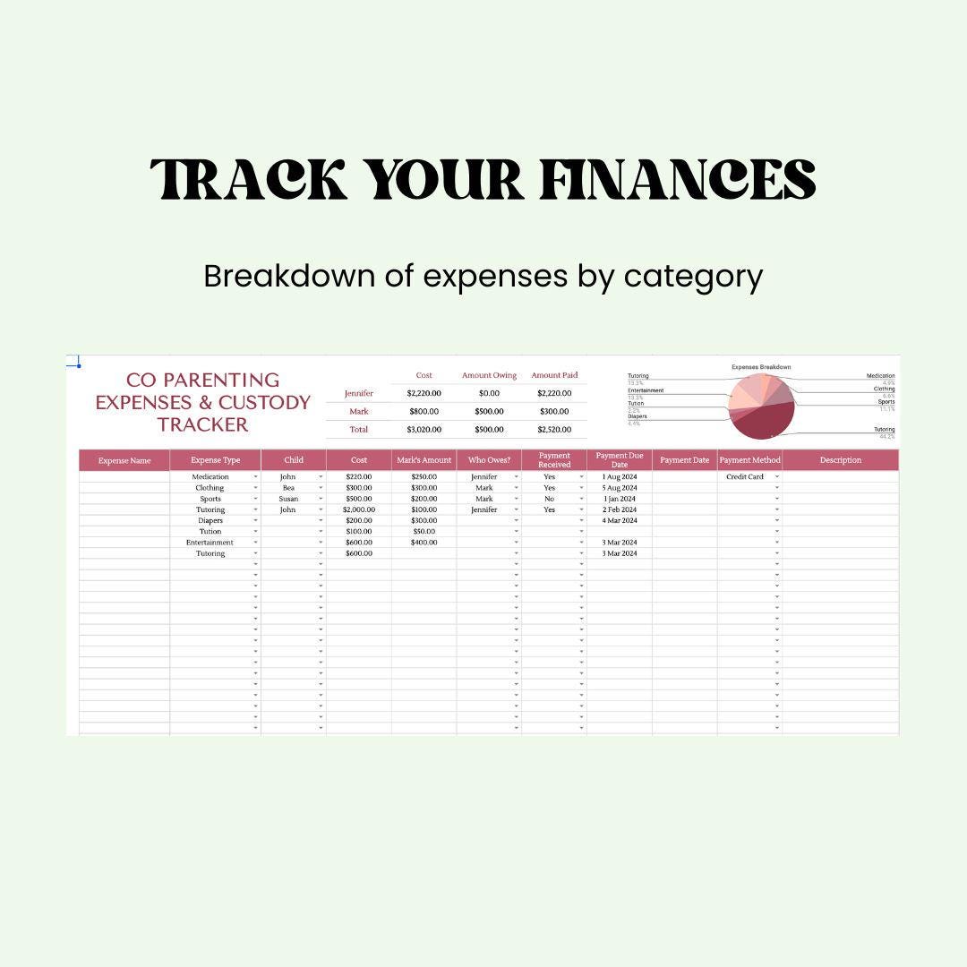 Co-Parenting Custody Calendar Shared Template Spreadsheet Organiser Expense Tracker for Divorced Parents Coparenting counselling Appointment