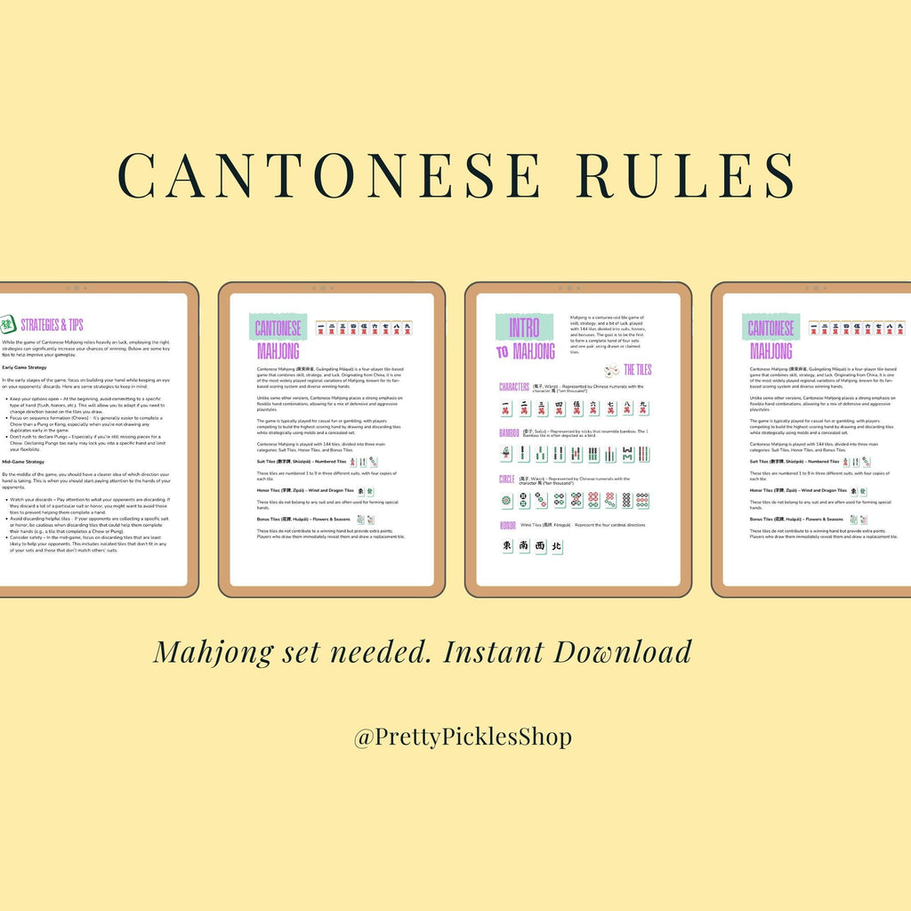 Chinese Mahjong Guide Cantonese Mahjong Reference Guide Mah Jong Cheat Sheet for Beginners Traditional Mah Jong Chinese Board Games