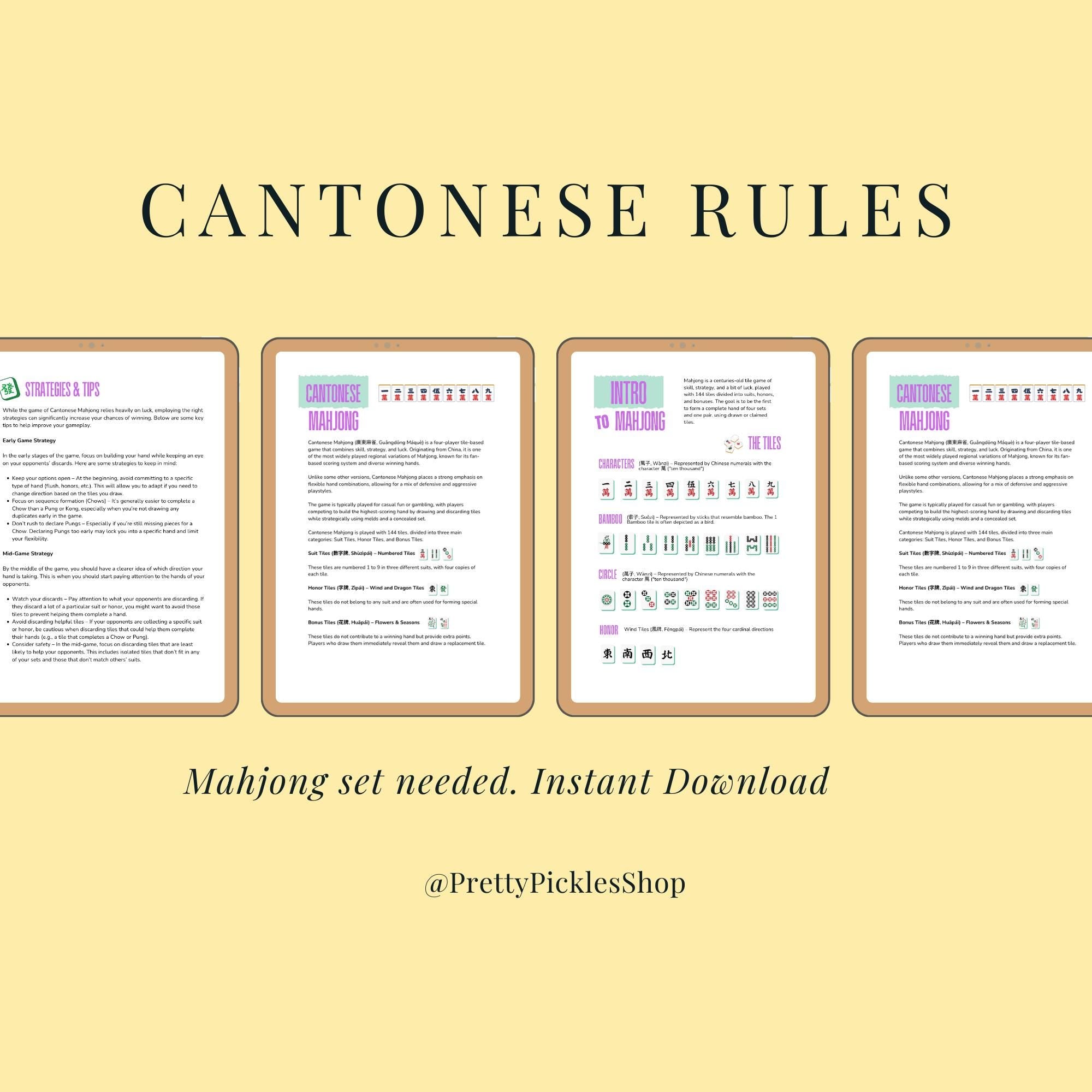 Chinese Mahjong Guide Cantonese Mahjong Reference Guide Mah Jong Cheat Sheet for Beginners Traditional Mah Jong Chinese Board Games