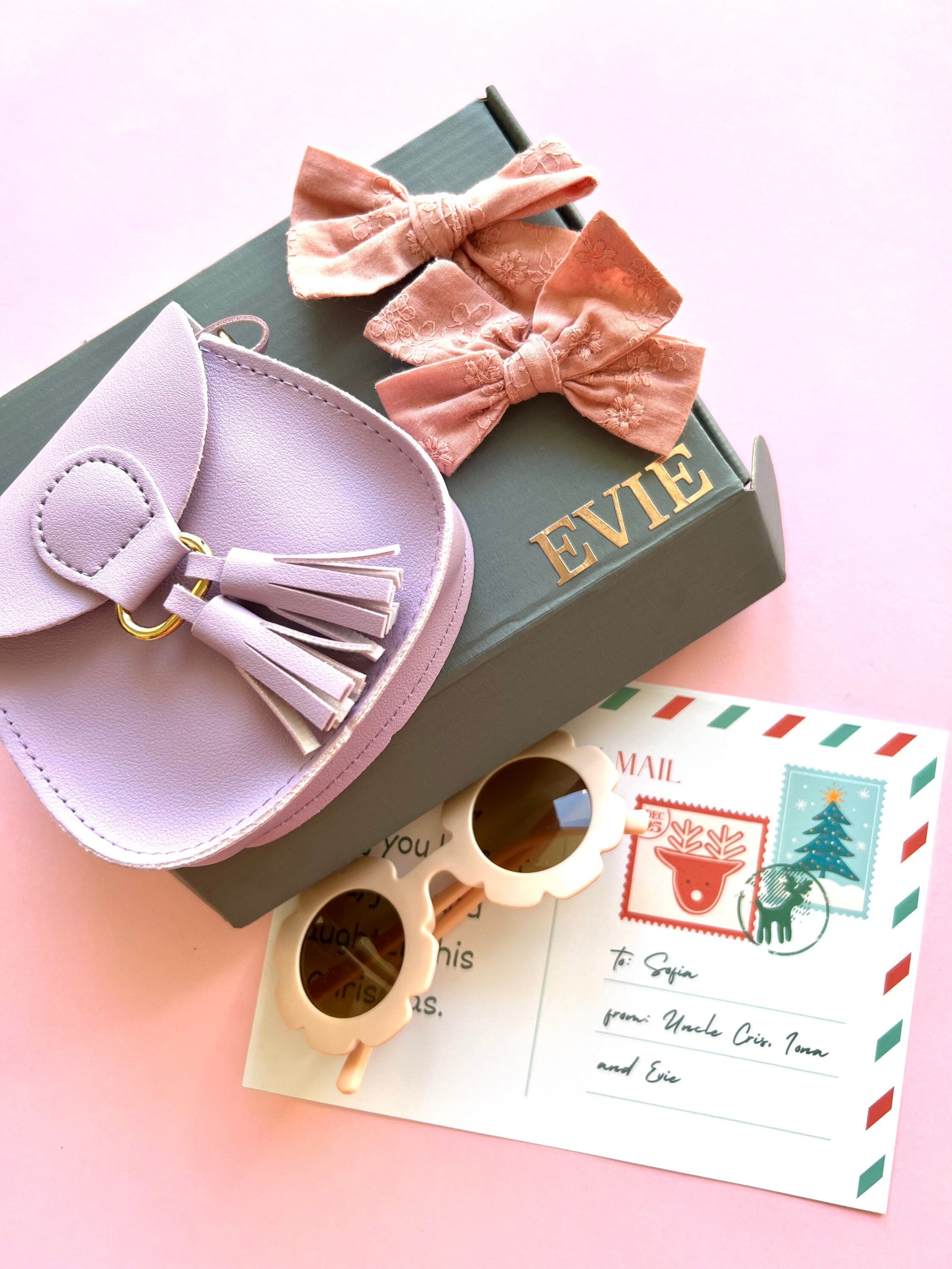 Personalized Christmas Gift Box for Toddler Girl: Sunglasses, Bows & Mini Handbag