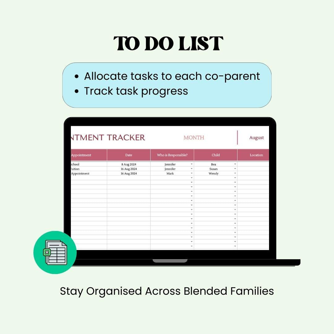 Co-Parenting Custody Calendar Shared Template Spreadsheet Organiser Expense Tracker for Divorced Parents Coparenting counselling Appointment