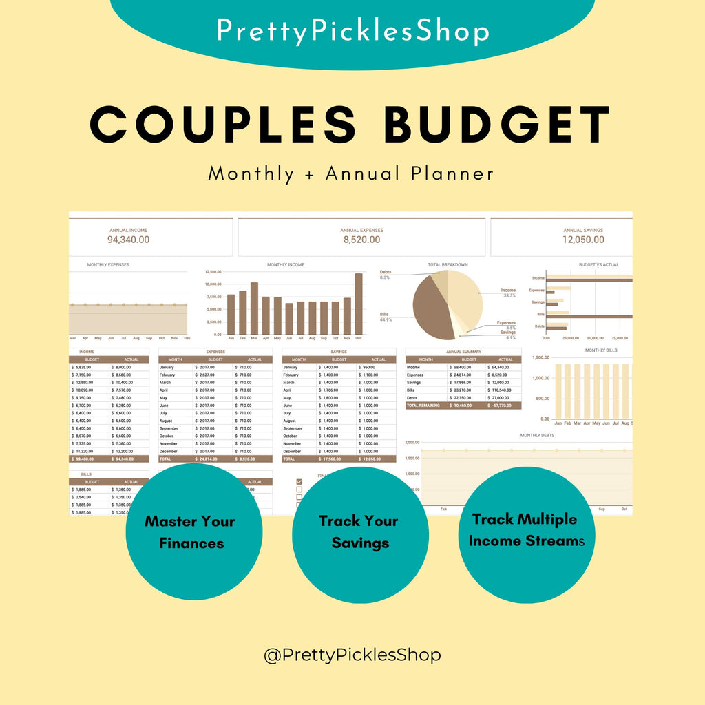 Couples Budget Planner, Monthly & Annual Spreadsheet (Digital Download)