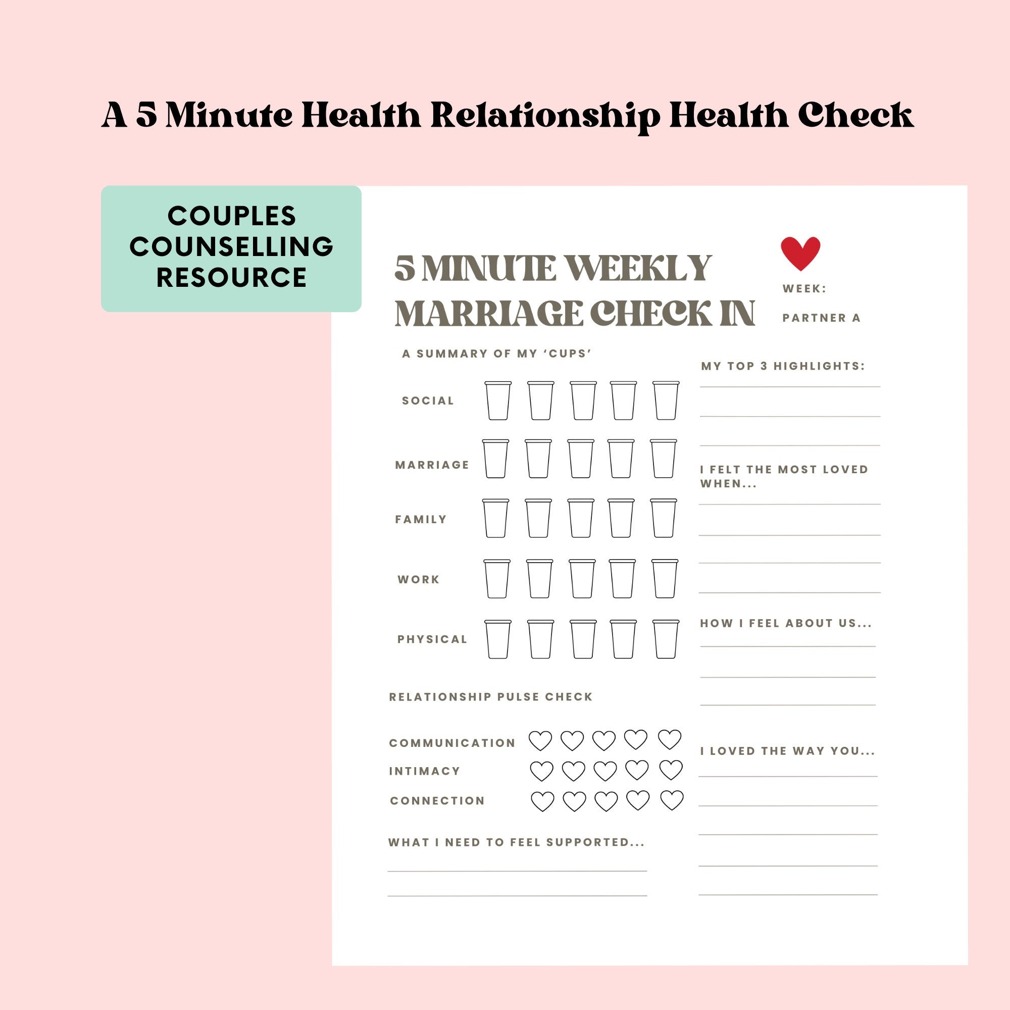 Couples Weekly Check-In Worksheet Marriage Health Check Questions Couples Counselling Tools 5 Min Marriage Counselling Tool Marriage Prompts