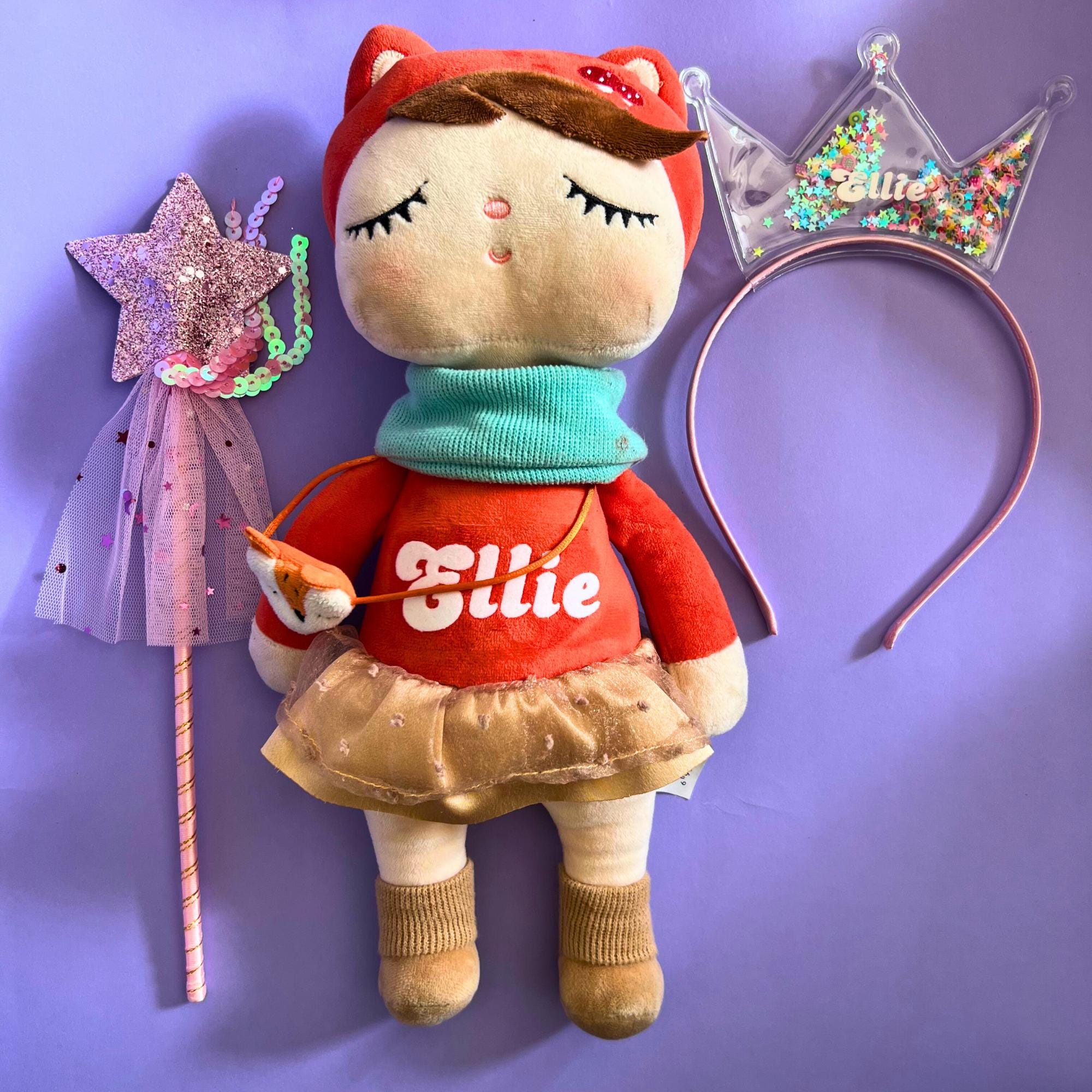 Custom Name Woodland Fox Plush Toy Personalized Fox Doll for 4 year older Personalised Name Doll Wand and Crown Birthday Gift