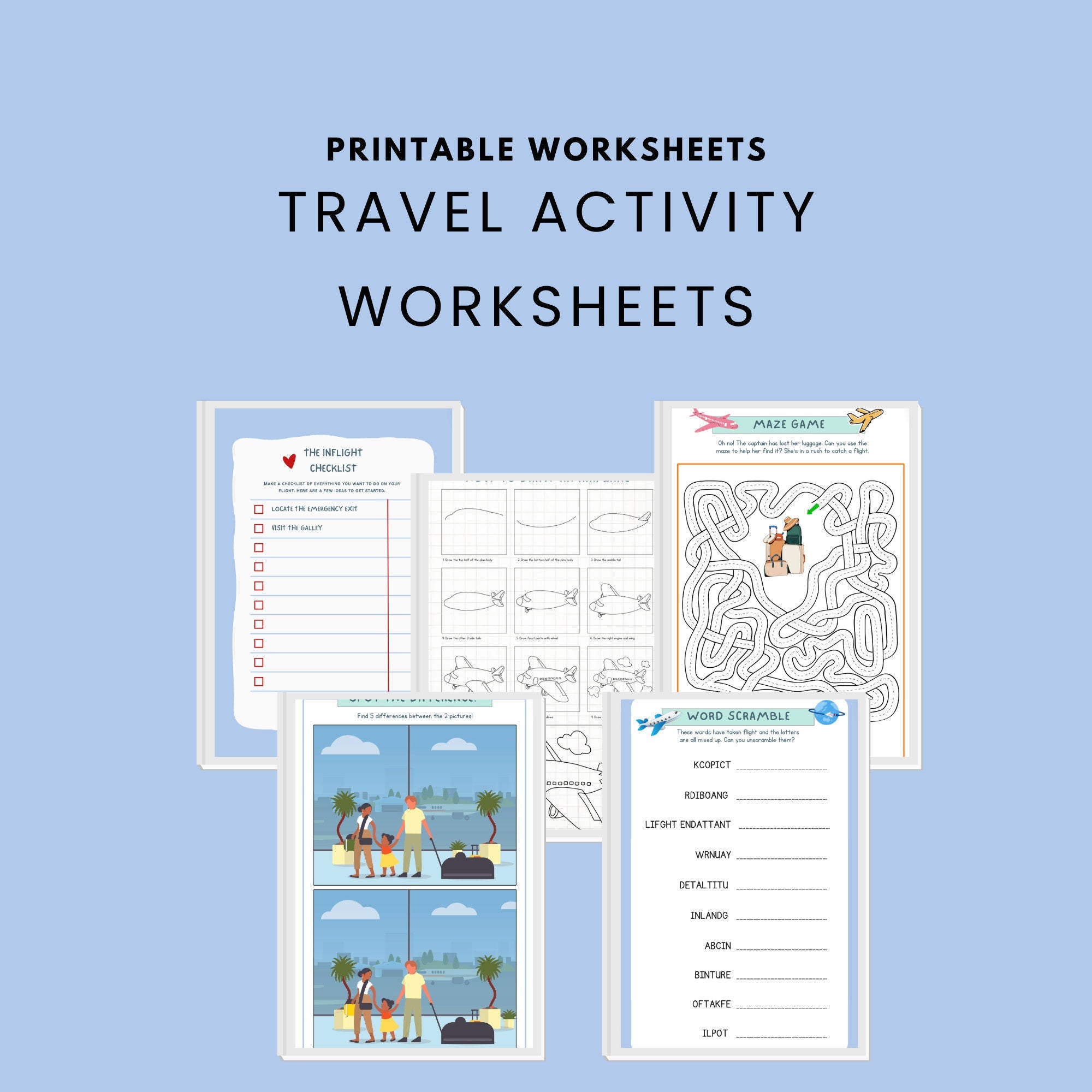 Travel Activity Worksheets for Kids 7-11 Screen Free Printables for In-Flight Travel Boredom Busters for Kids Airplane Activities for Kids