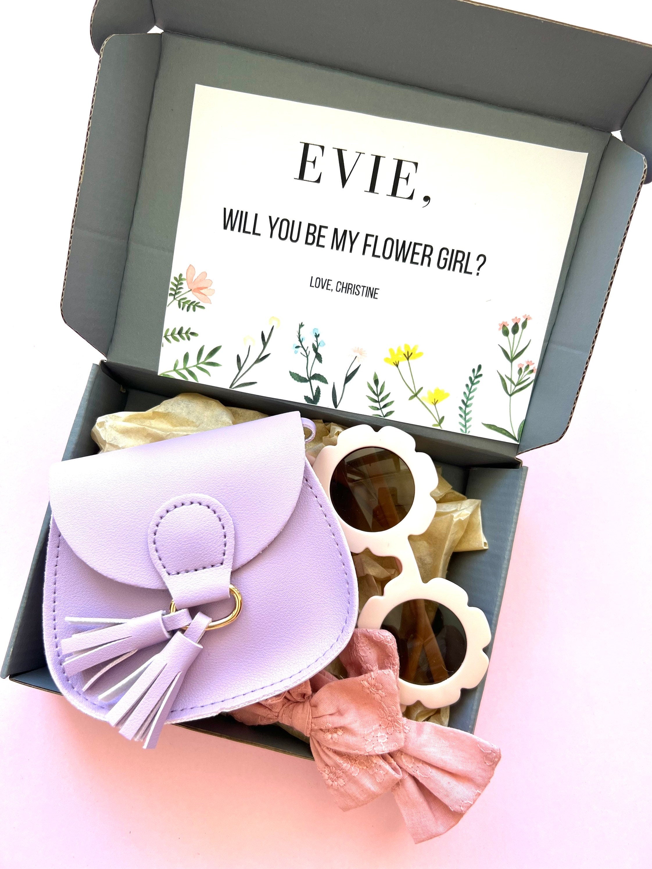 Flower Girl Gift Set: Retro Sunglasses, Mini Handbag & Bows