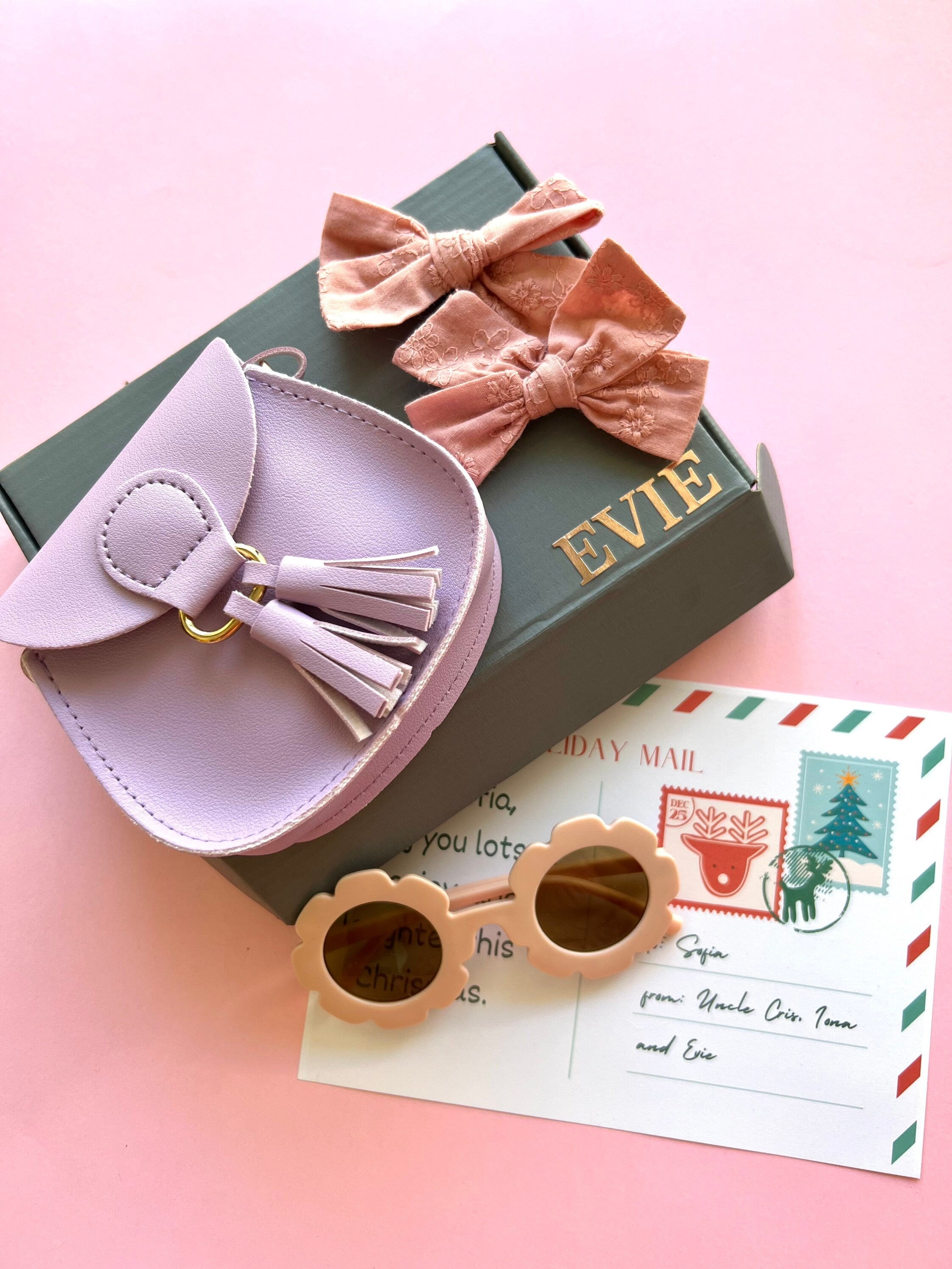 Personalized Christmas Gift Box for Toddler Girl: Sunglasses, Bows & Mini Handbag