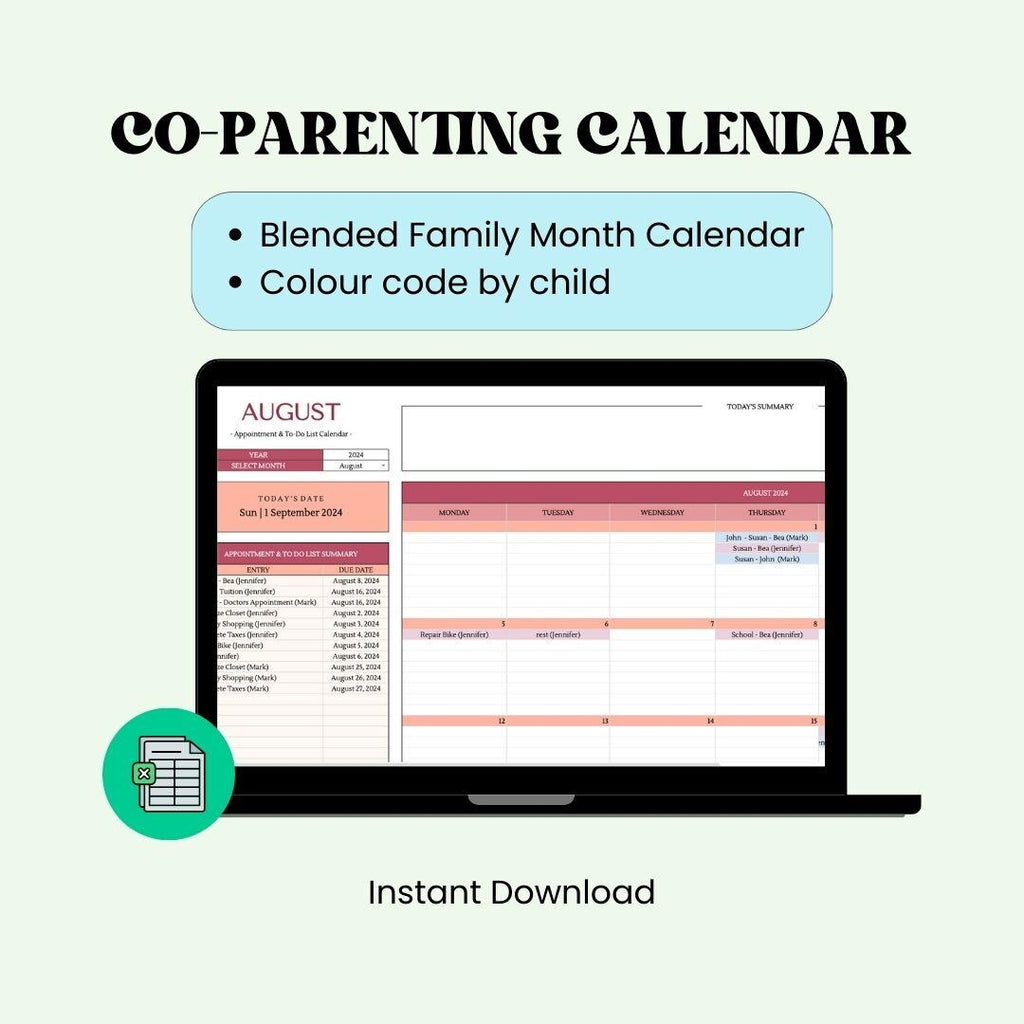 Co-Parenting Custody Calendar Shared Template Spreadsheet Organiser Expense Tracker for Divorced Parents Coparenting counselling Appointment