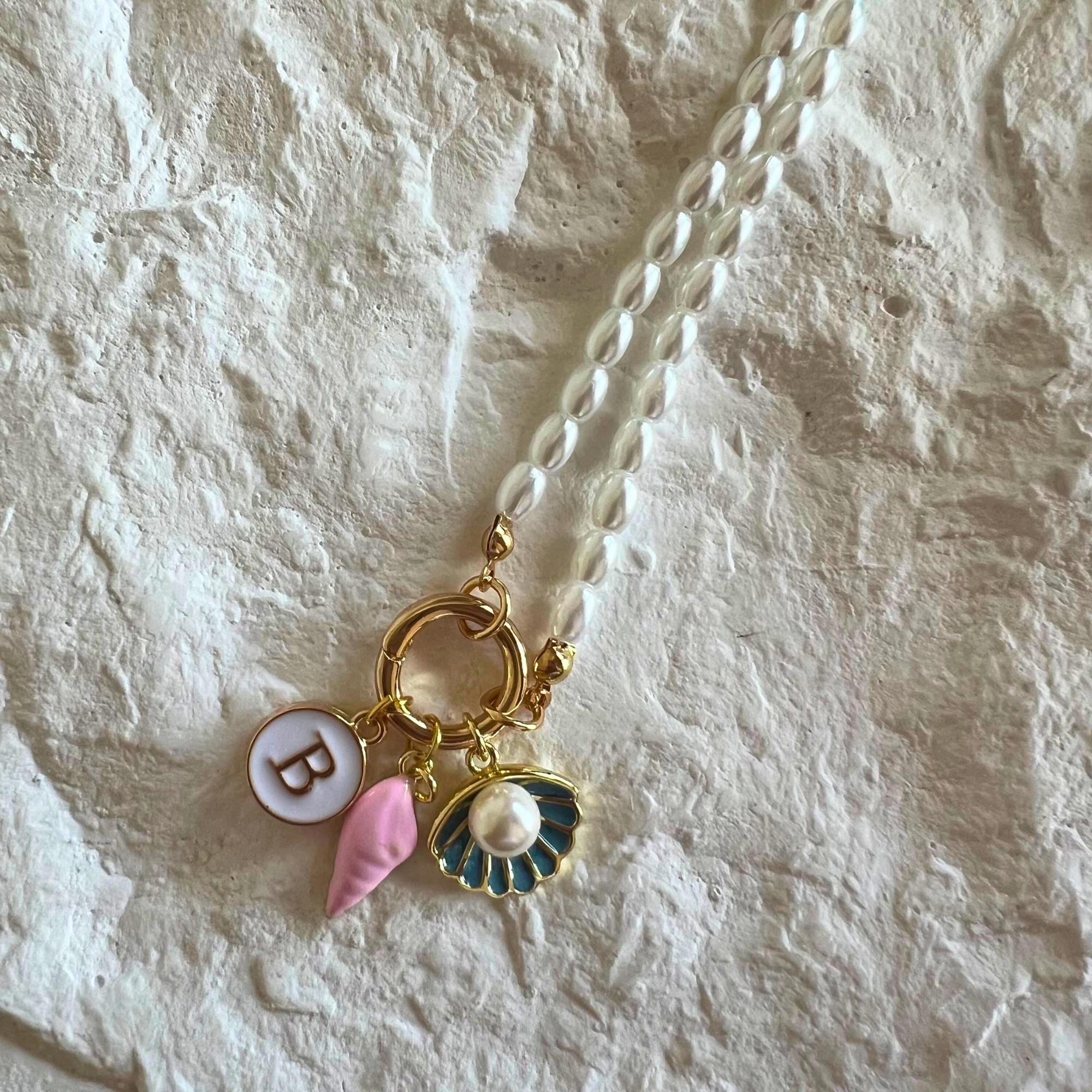 Custom Beach Themed Charm Necklace Seashell with Peal Necklace Personalized Charms for Tweens Pearl Charm Necklace for Teen Girl Gift