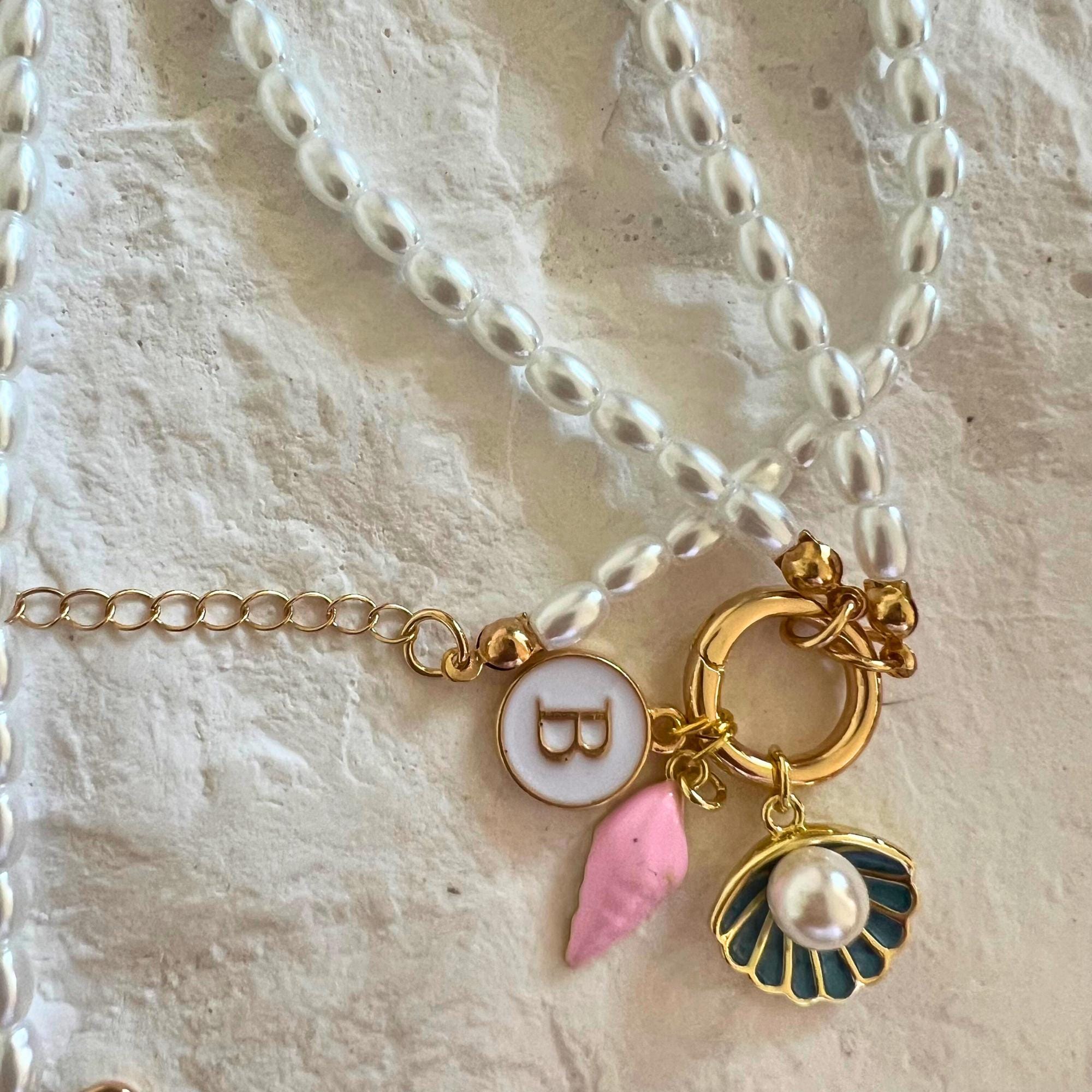 Custom Beach Themed Charm Necklace Seashell with Peal Necklace Personalized Charms for Tweens Pearl Charm Necklace for Teen Girl Gift