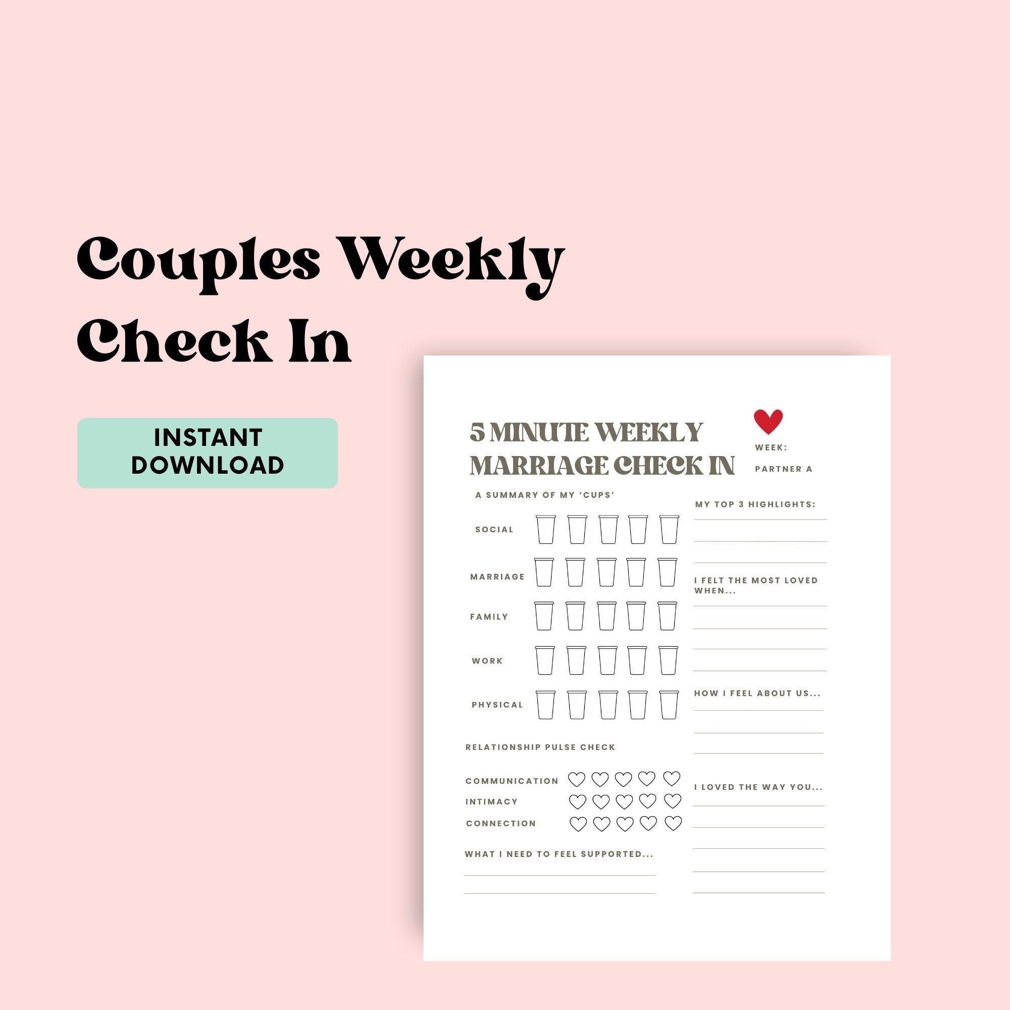 Couples Weekly Check-In Worksheet Marriage Health Check Questions Couples Counselling Tools 5 Min Marriage Counselling Tool Marriage Prompts