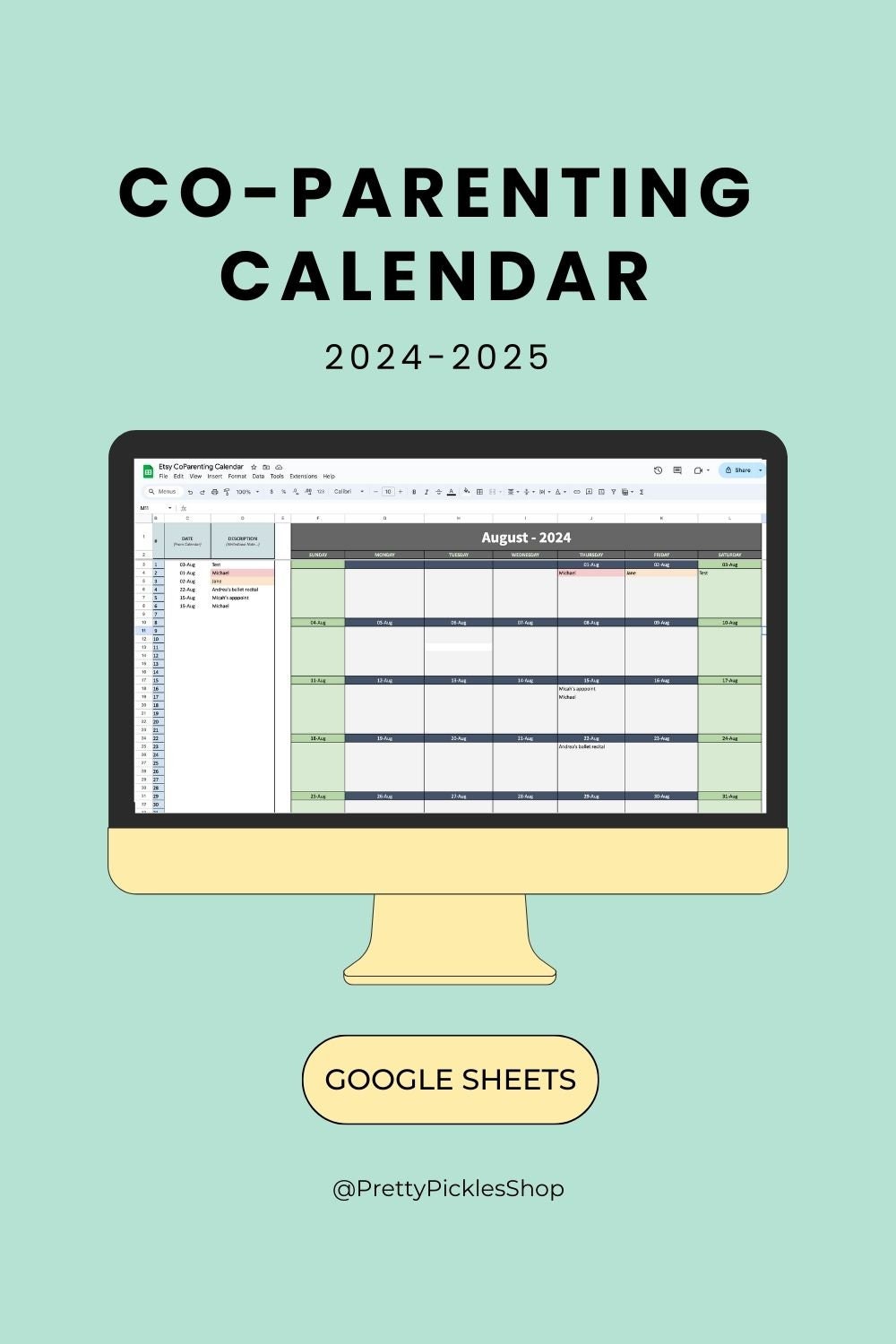 Co Parenting Calendar Organiser Divorce Custody Planner Editable Google Sheets Co-Parenting Routine Visitation Schedules Child Appointment