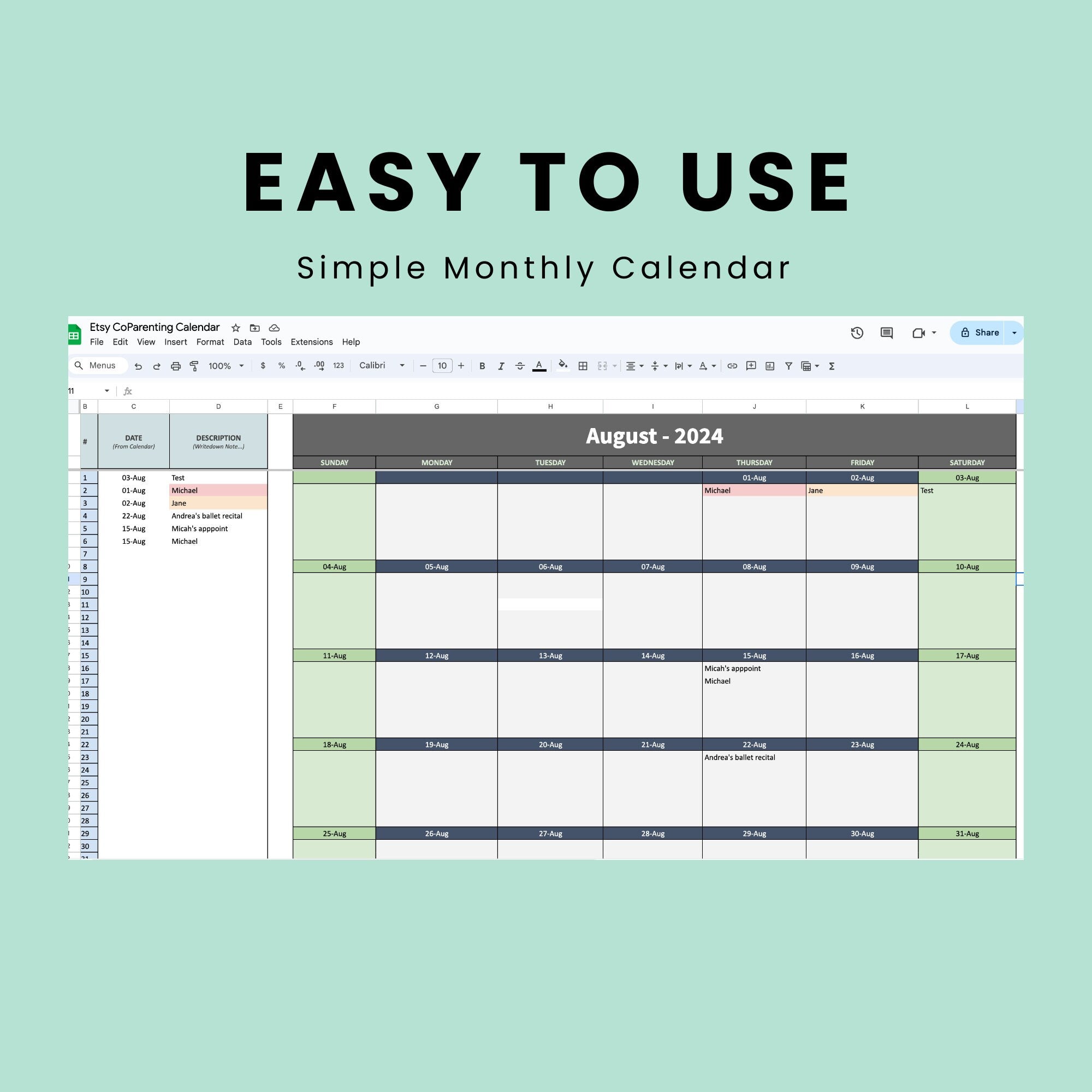 Co Parenting Calendar Organiser Divorce Custody Planner Editable Google Sheets Co-Parenting Routine Visitation Schedules Child Appointment