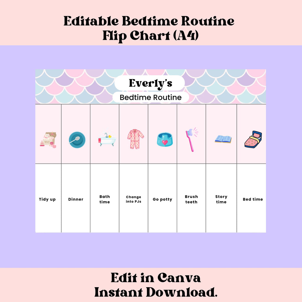 Bedtime Routine Flip Chart for Girls Editable Canva Checklist Personalized Routine Chart for Toddlers Preschool Bedtime Activity Chore Chart