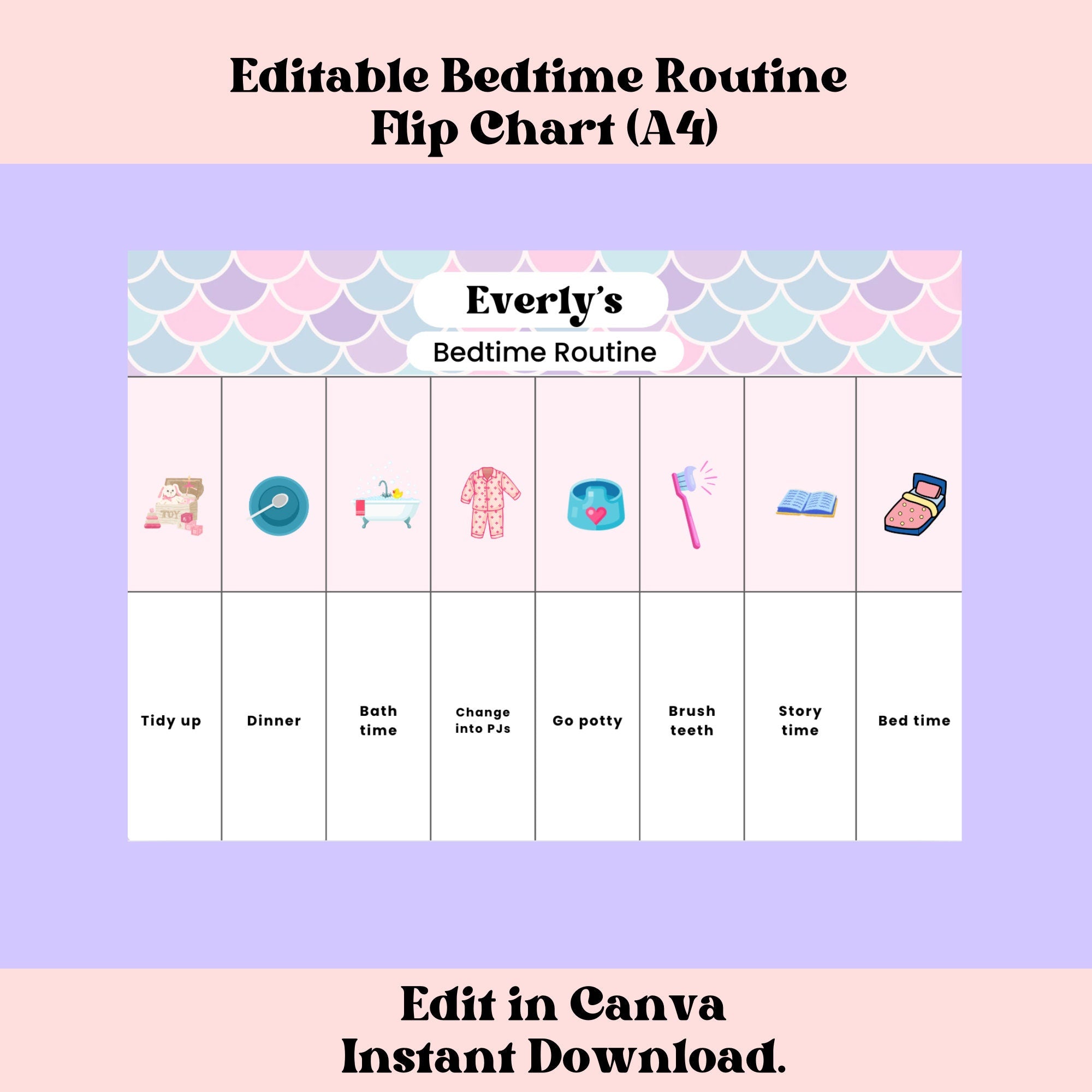 Bedtime Routine Flip Chart for Girls Editable Canva Checklist Personalized Routine Chart for Toddlers Preschool Bedtime Activity Chore Chart