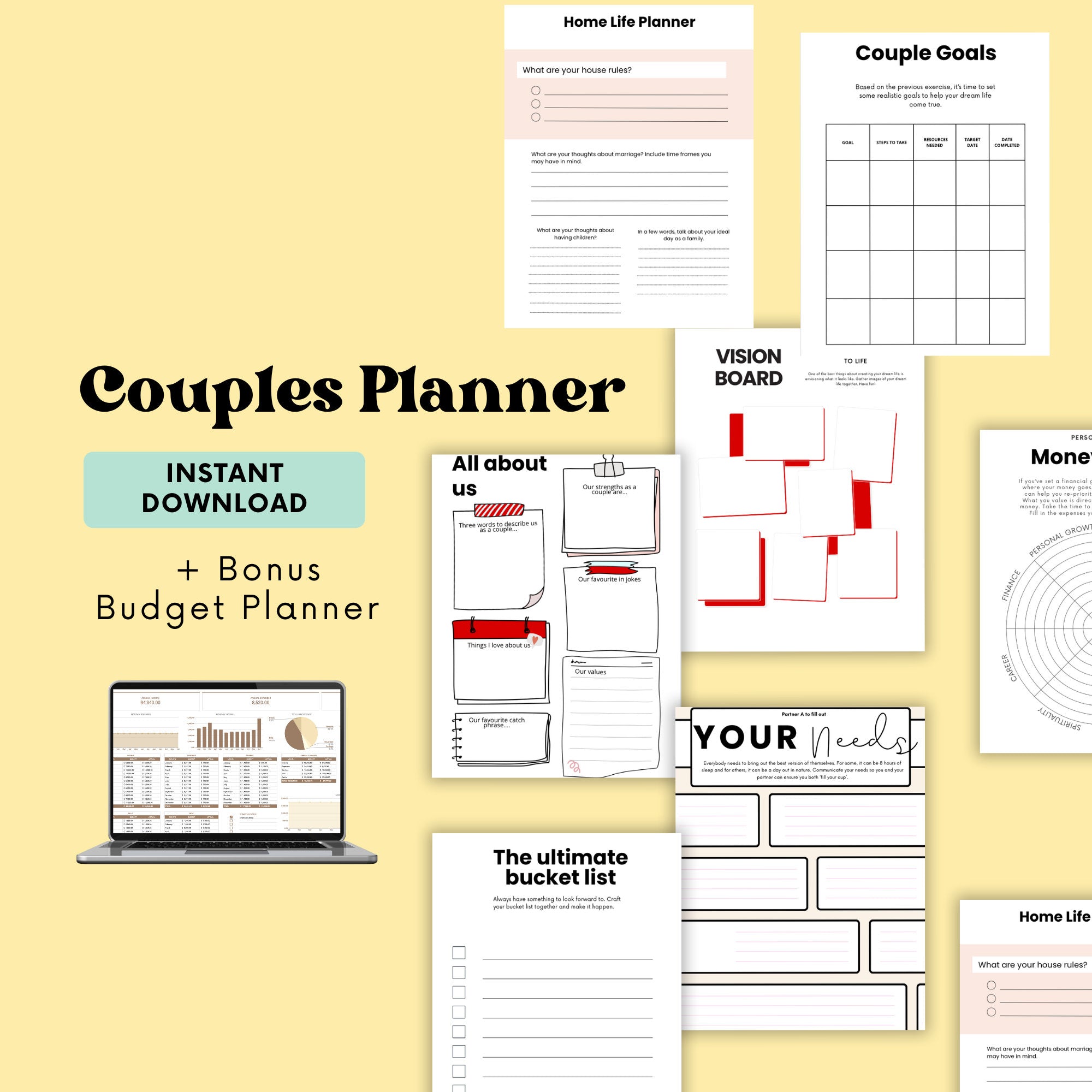 Couples Planner Bundle: Relationship Journal, Budget Spreadsheet (Digital Download)