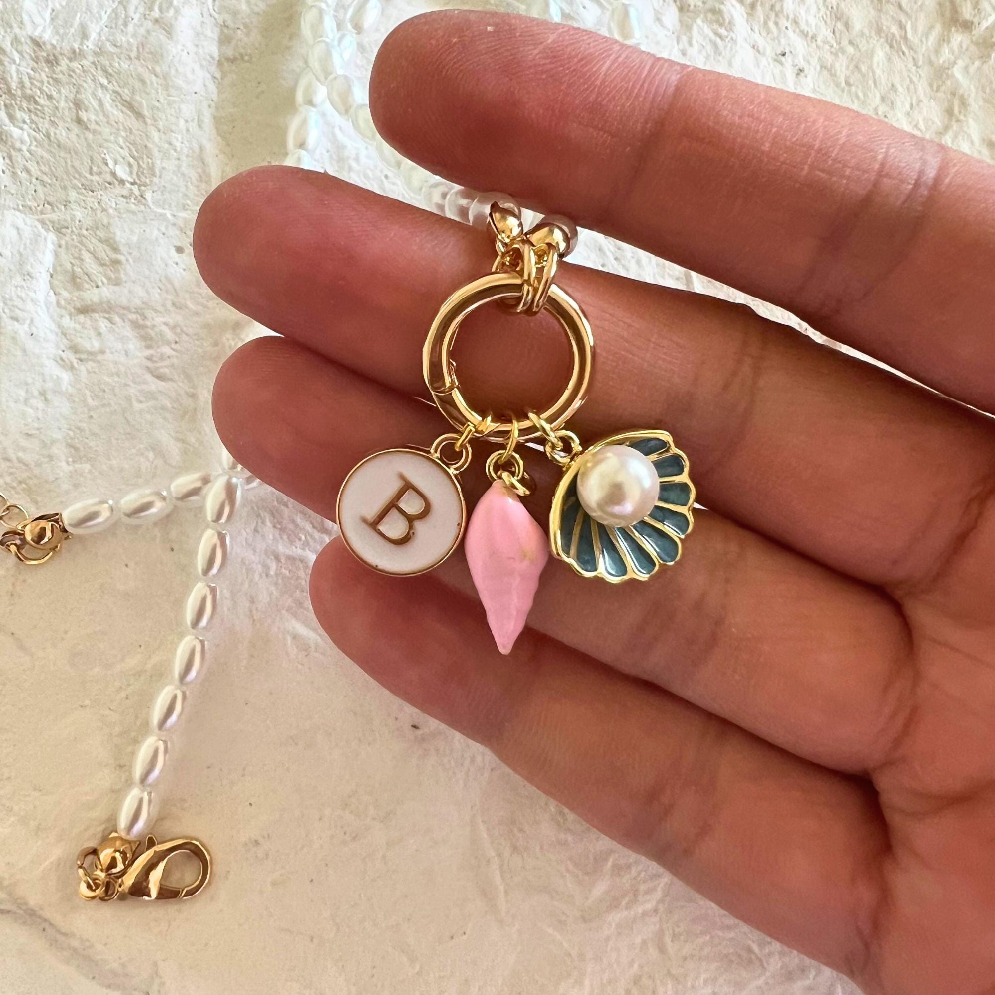 Custom Beach Themed Charm Necklace Seashell with Peal Necklace Personalized Charms for Tweens Pearl Charm Necklace for Teen Girl Gift
