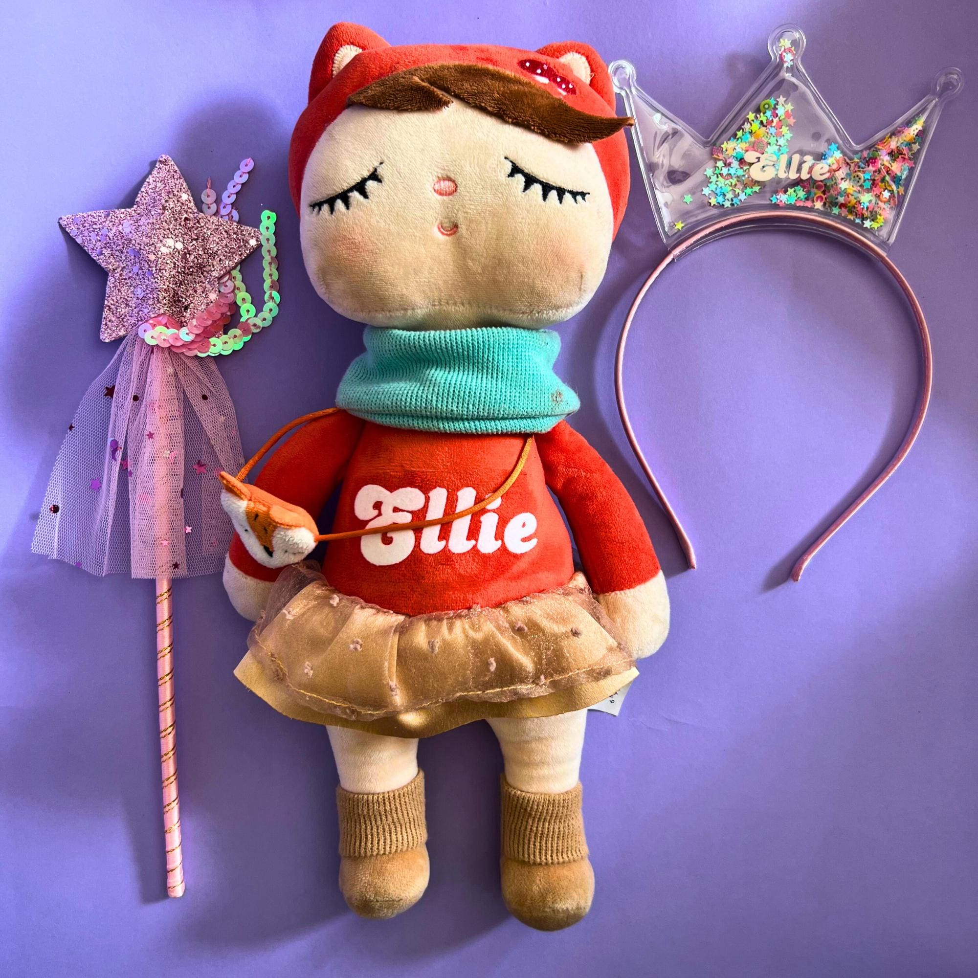 Custom Name Woodland Fox Plush Toy Personalized Fox Doll for 4 year older Personalised Name Doll Wand and Crown Birthday Gift
