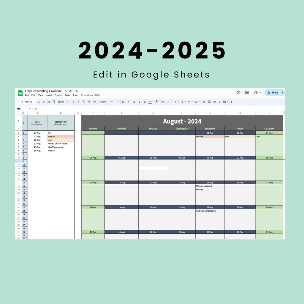 Co Parenting Calendar Organiser Divorce Custody Planner Editable Google Sheets Co-Parenting Routine Visitation Schedules Child Appointment