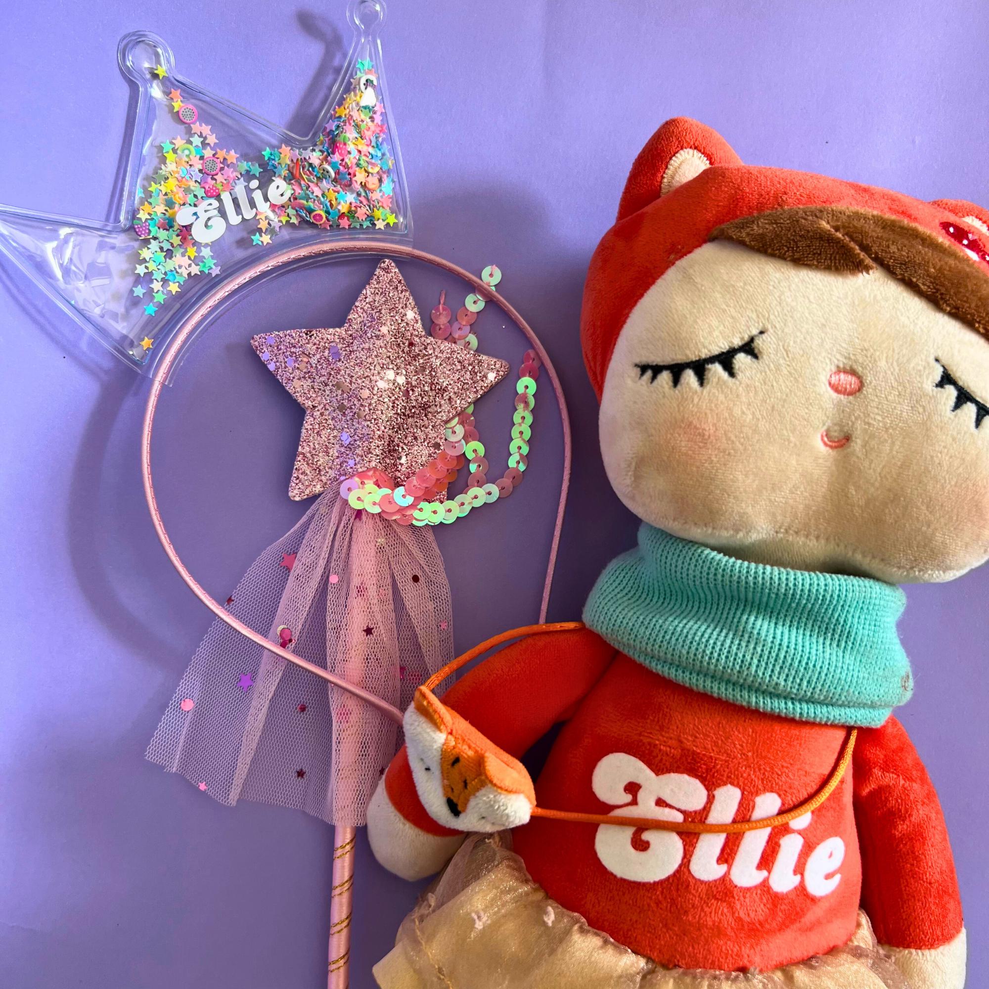 Custom Name Woodland Fox Plush Toy Personalized Fox Doll for 4 year older Personalised Name Doll Wand and Crown Birthday Gift