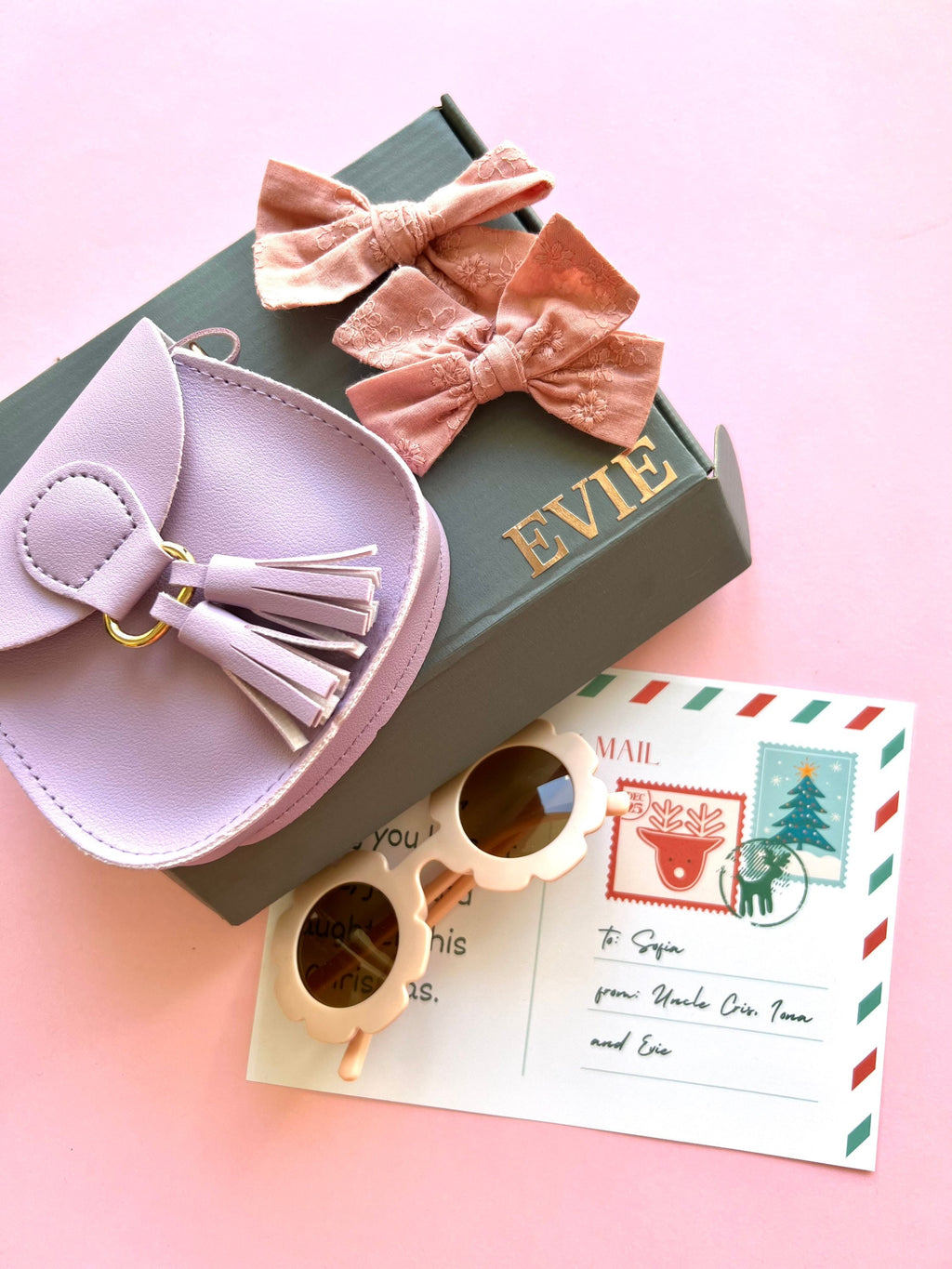 Personalized Christmas Gift Box for Toddler Girl: Sunglasses, Bows & Mini Handbag