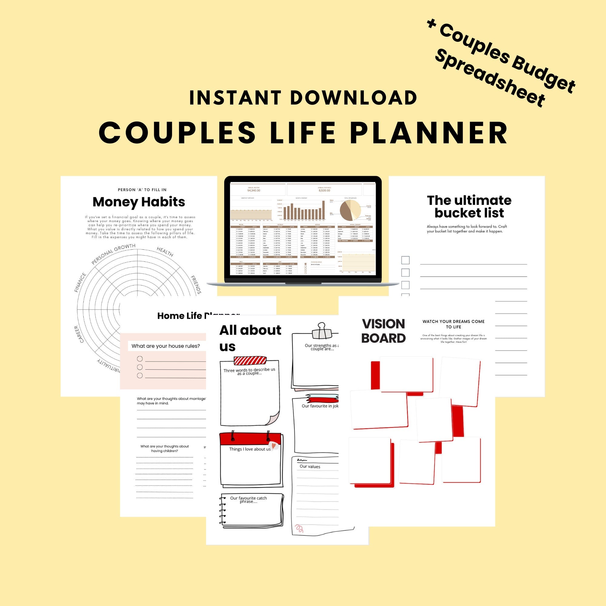 Couples Life Planner Bundle: Relationship Journal, Budget Spreadsheet (Digital Download)