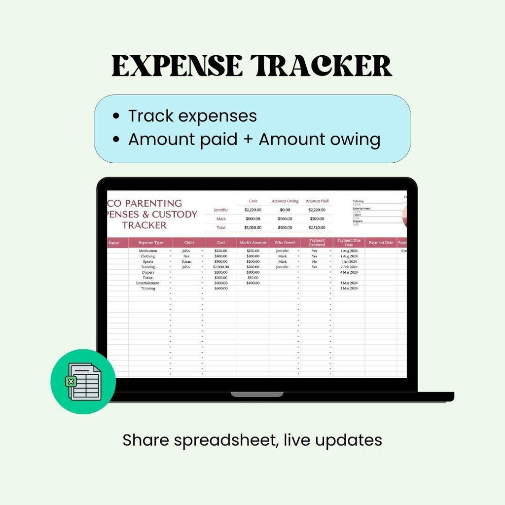 Co-Parenting Custody Calendar Shared Template Spreadsheet Organiser Expense Tracker for Divorced Parents Coparenting counselling Appointment